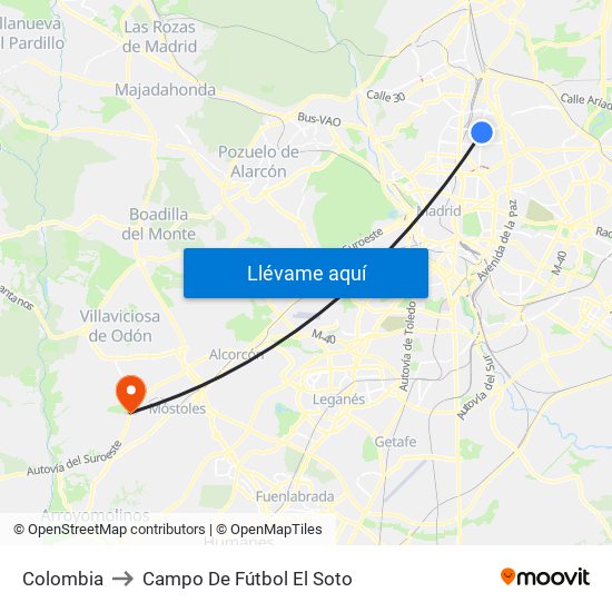 Colombia to Campo De Fútbol El Soto map