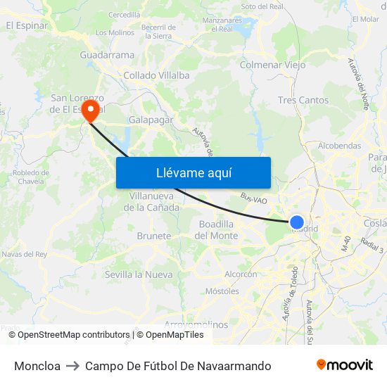 Moncloa to Campo De Fútbol De Navaarmando map
