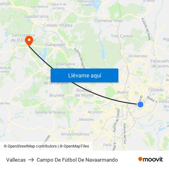 Vallecas to Campo De Fútbol De Navaarmando map