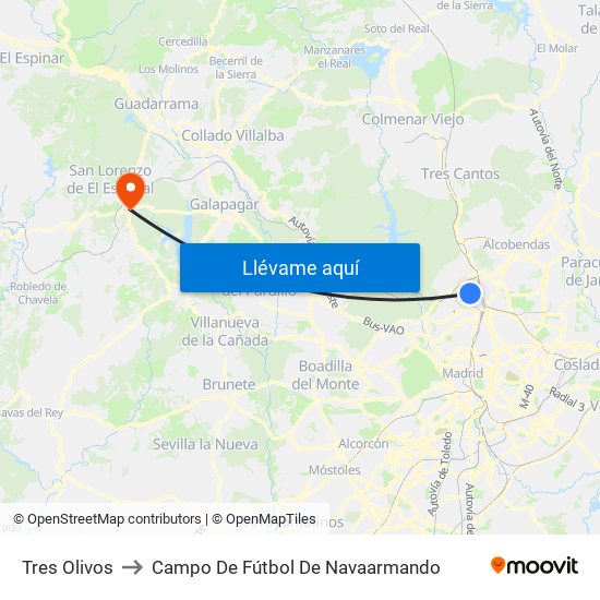 Tres Olivos to Campo De Fútbol De Navaarmando map
