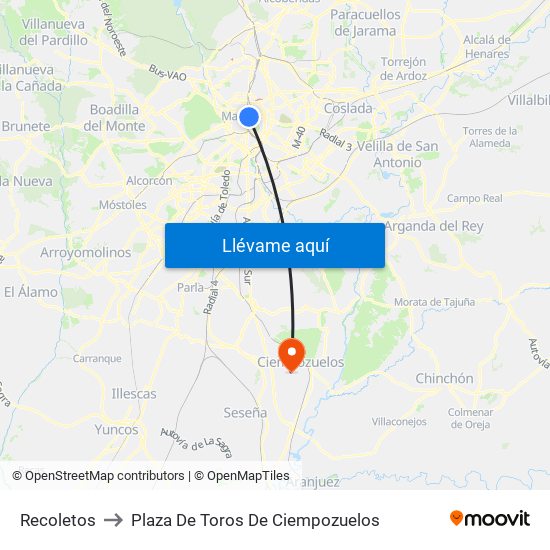 Recoletos to Plaza De Toros De Ciempozuelos map