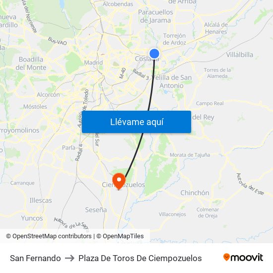 San Fernando to Plaza De Toros De Ciempozuelos map