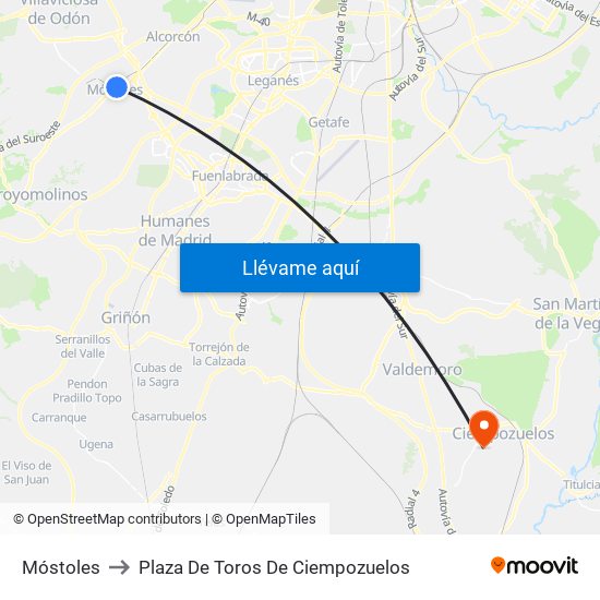 Móstoles to Plaza De Toros De Ciempozuelos map
