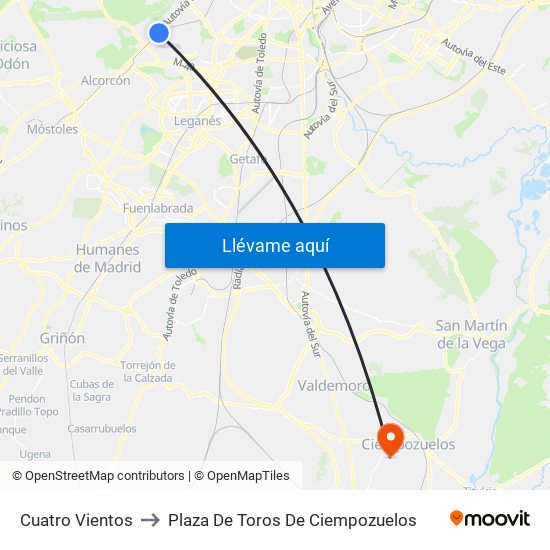 Cuatro Vientos to Plaza De Toros De Ciempozuelos map
