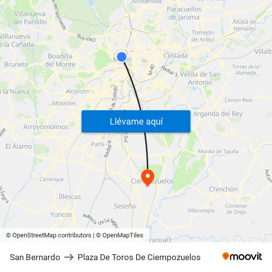 San Bernardo to Plaza De Toros De Ciempozuelos map