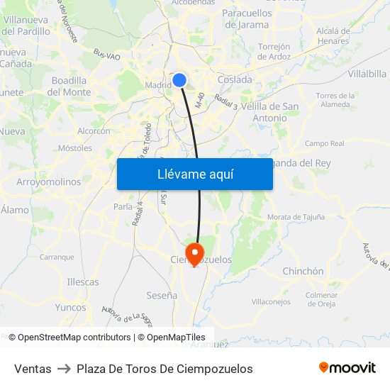 Ventas to Plaza De Toros De Ciempozuelos map