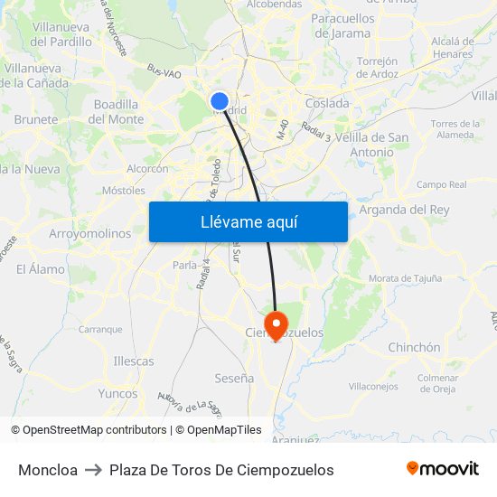 Moncloa to Plaza De Toros De Ciempozuelos map
