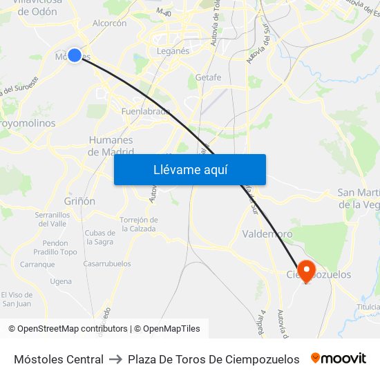 Móstoles Central to Plaza De Toros De Ciempozuelos map