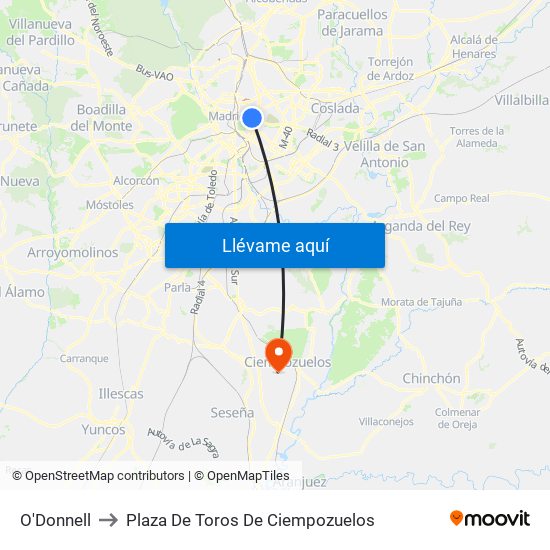 O'Donnell to Plaza De Toros De Ciempozuelos map