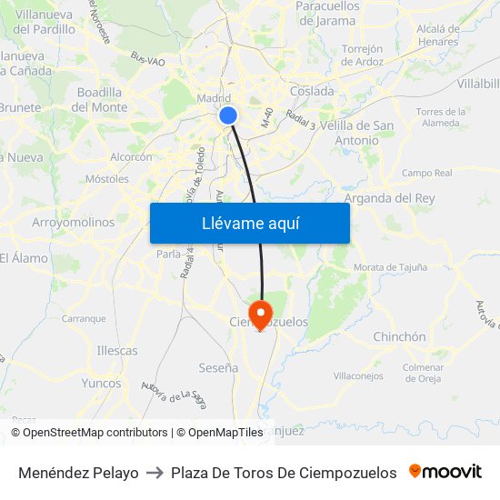 Menéndez Pelayo to Plaza De Toros De Ciempozuelos map
