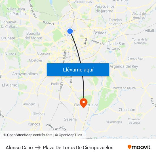 Alonso Cano to Plaza De Toros De Ciempozuelos map