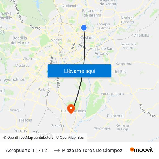 Aeropuerto T1 - T2 - T3 to Plaza De Toros De Ciempozuelos map