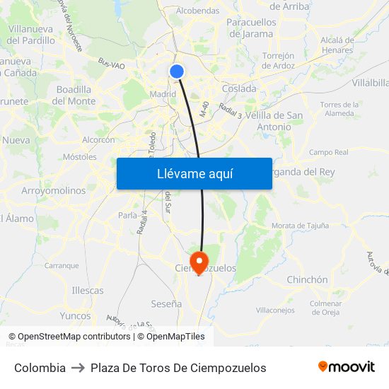 Colombia to Plaza De Toros De Ciempozuelos map