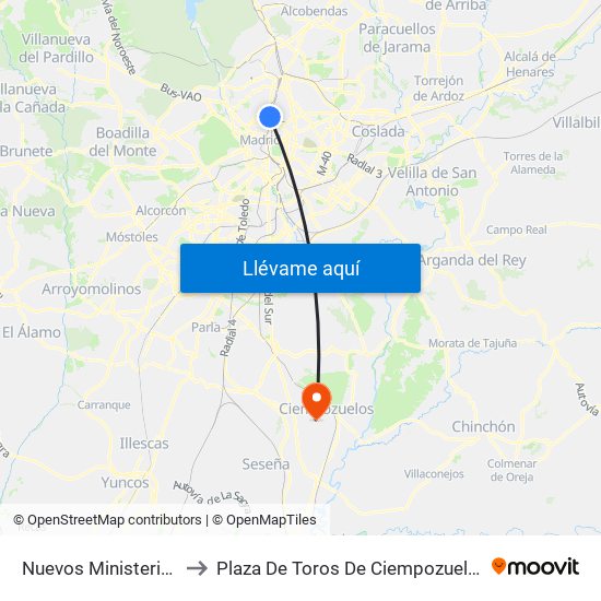 Nuevos Ministerios to Plaza De Toros De Ciempozuelos map
