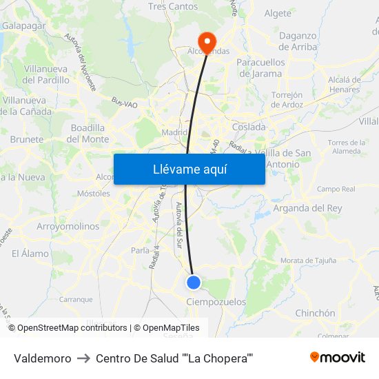 Valdemoro to Centro De Salud ""La Chopera"" map