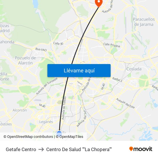 Getafe Centro to Centro De Salud ""La Chopera"" map
