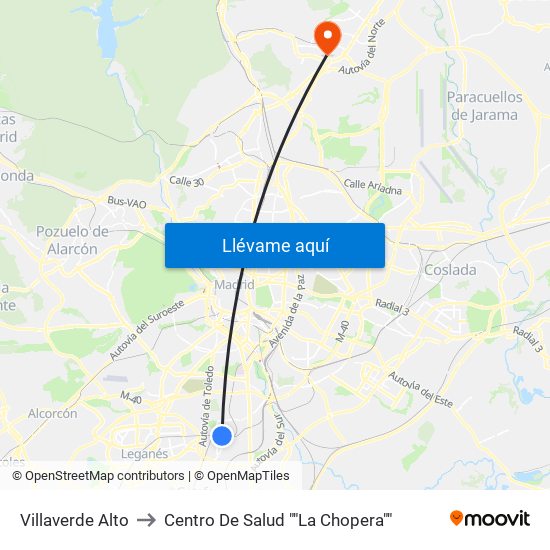 Villaverde Alto to Centro De Salud ""La Chopera"" map
