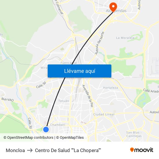 Moncloa to Centro De Salud ""La Chopera"" map