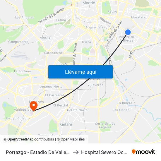 Portazgo - Estadio De Vallecas to Hospital Severo Ochoa map