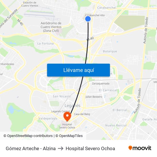 Gómez Arteche - Alzina to Hospital Severo Ochoa map