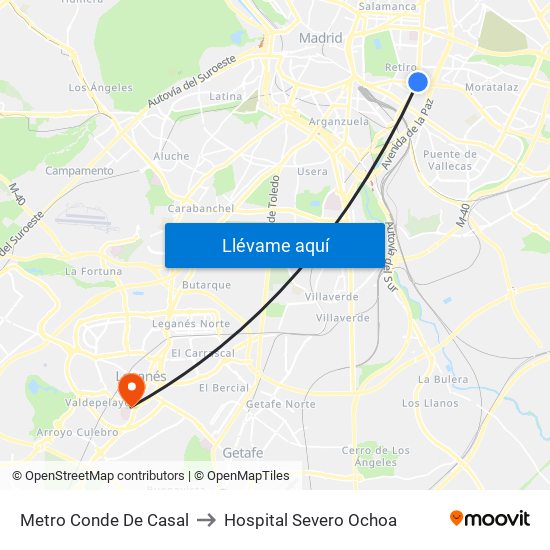 Metro Conde De Casal to Hospital Severo Ochoa map