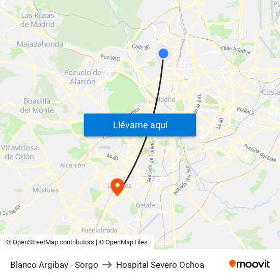 Blanco Argibay - Sorgo to Hospital Severo Ochoa map