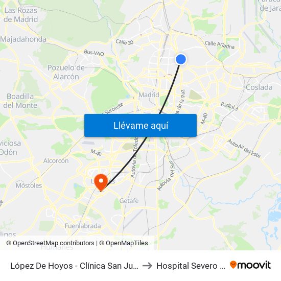 López De Hoyos - Clínica San Juan De Dios to Hospital Severo Ochoa map