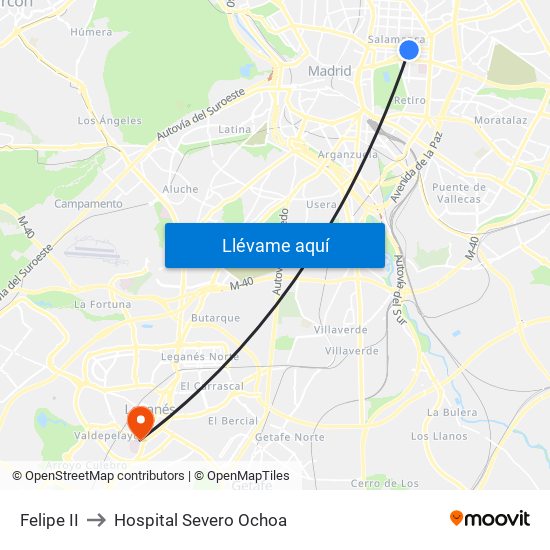 Felipe II to Hospital Severo Ochoa map