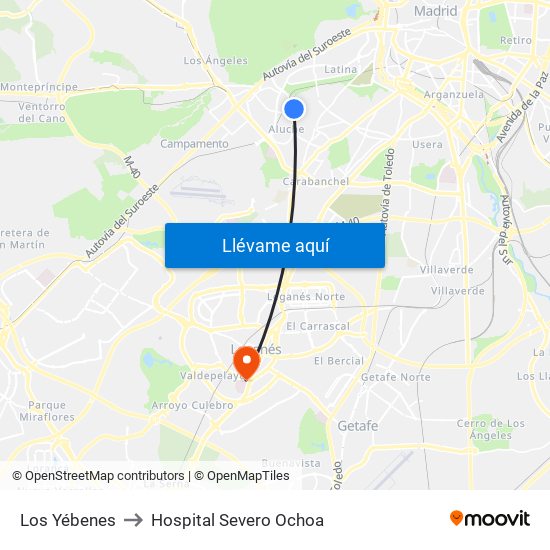 Los Yébenes to Hospital Severo Ochoa map