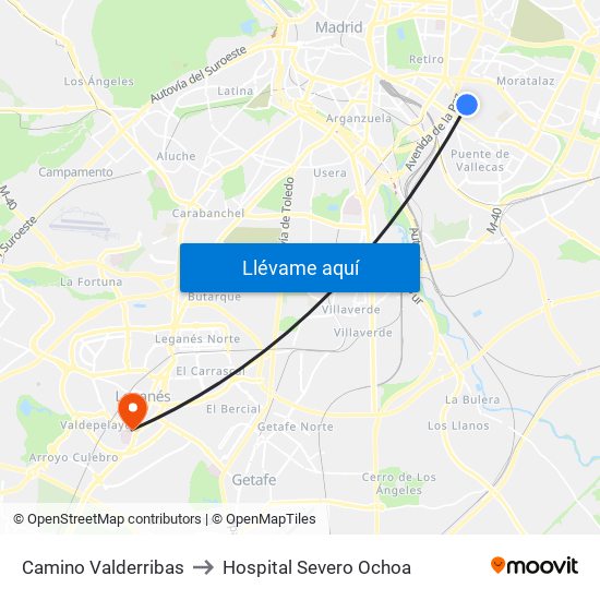 Camino Valderribas to Hospital Severo Ochoa map
