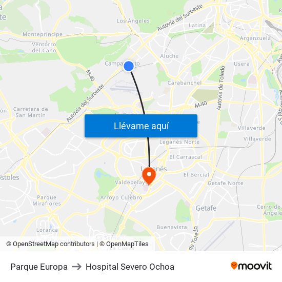 Parque Europa to Hospital Severo Ochoa map