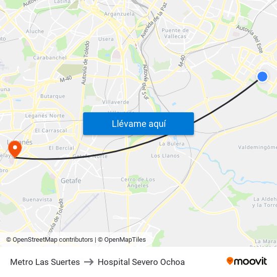 Metro Las Suertes to Hospital Severo Ochoa map