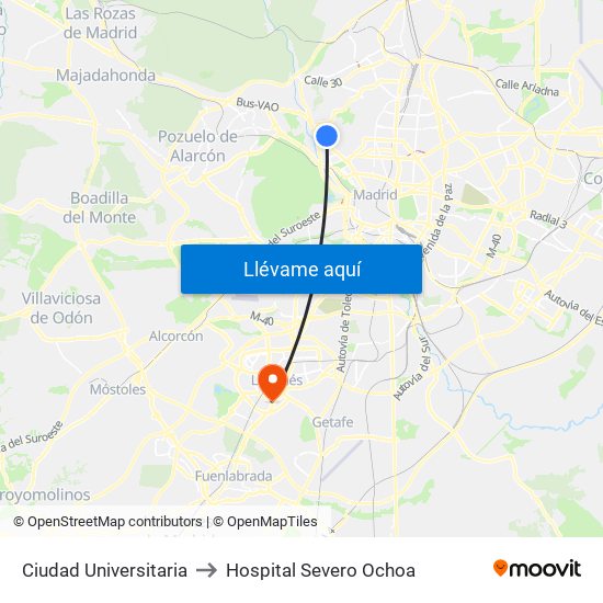 Ciudad Universitaria to Hospital Severo Ochoa map