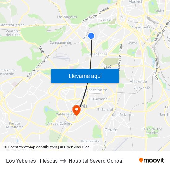 Los Yébenes - Illescas to Hospital Severo Ochoa map