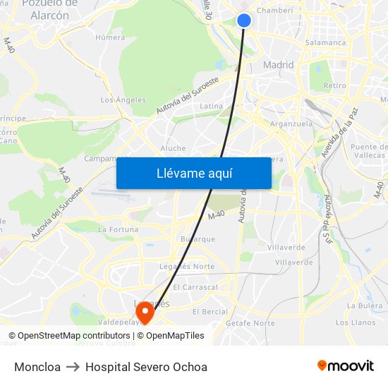 Moncloa to Hospital Severo Ochoa map