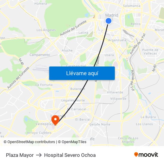Plaza Mayor to Hospital Severo Ochoa map