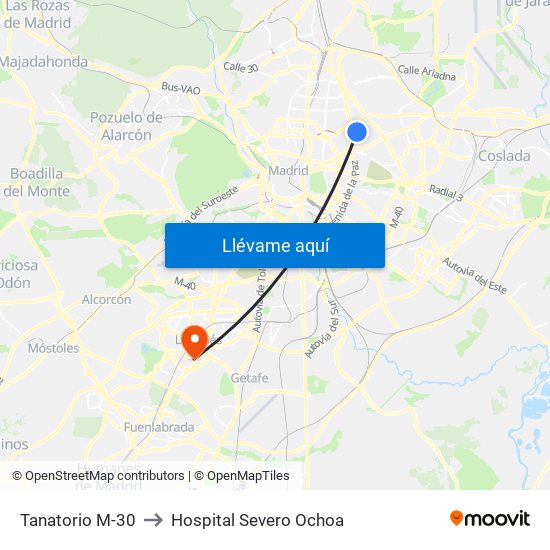 Tanatorio M-30 to Hospital Severo Ochoa map