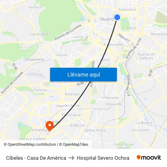 Cibeles - Casa De América to Hospital Severo Ochoa map