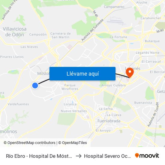 Río Ebro - Hospital De Móstoles to Hospital Severo Ochoa map