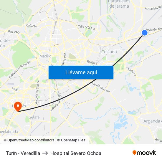 Turín - Veredilla to Hospital Severo Ochoa map
