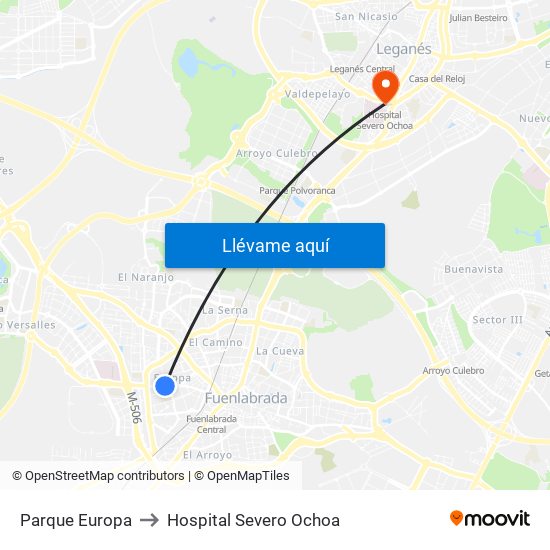 Parque Europa to Hospital Severo Ochoa map