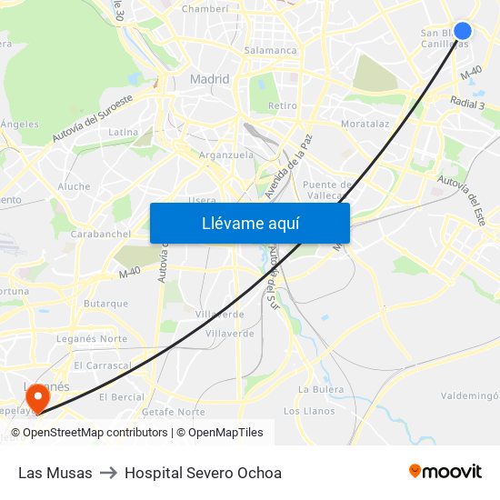 Las Musas to Hospital Severo Ochoa map