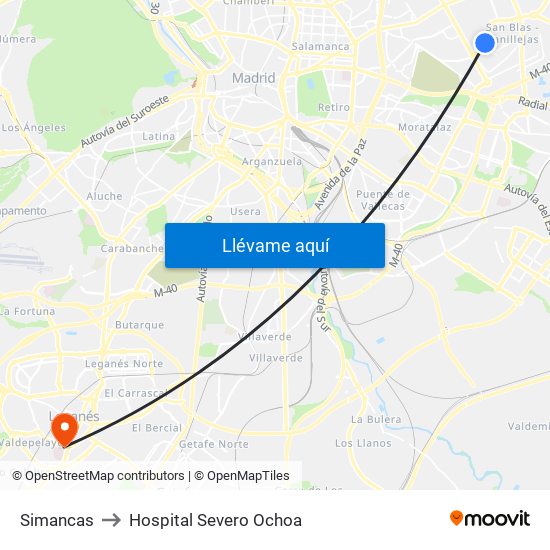 Simancas to Hospital Severo Ochoa map
