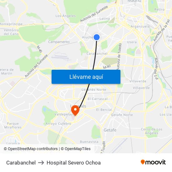 Carabanchel to Hospital Severo Ochoa map