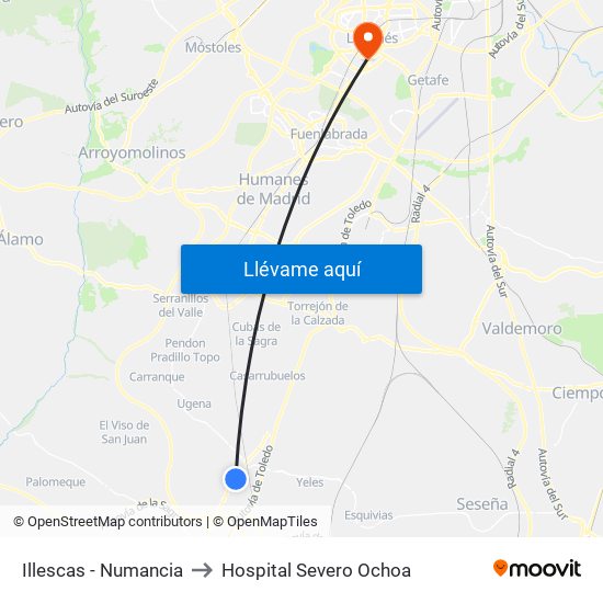Illescas - Numancia to Hospital Severo Ochoa map