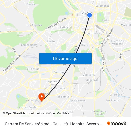 Carrera De San Jerónimo - Cedaceros to Hospital Severo Ochoa map