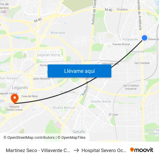 Martínez Seco - Villaverde Cruce to Hospital Severo Ochoa map