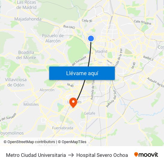 Metro Ciudad Universitaria to Hospital Severo Ochoa map