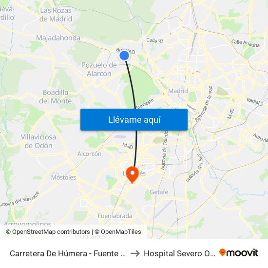 Carretera De Húmera - Fuente Del Rey to Hospital Severo Ochoa map