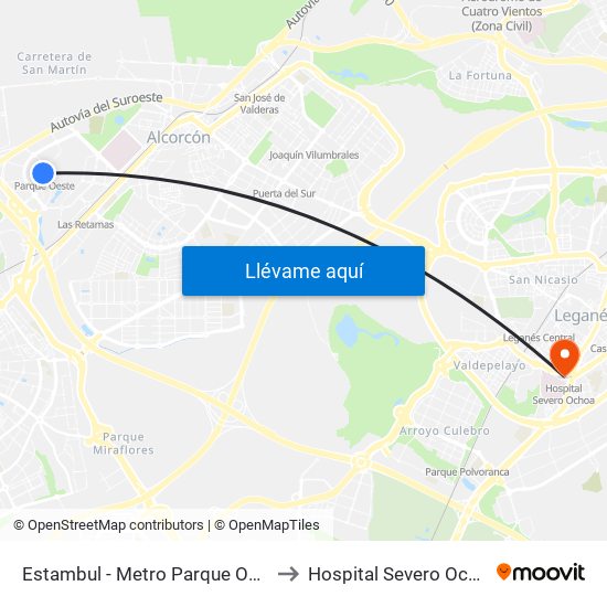 Estambul - Metro Parque Oeste to Hospital Severo Ochoa map
